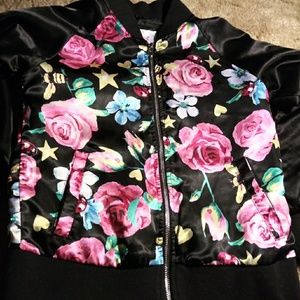 Girls Justice black floral silky zip up jacket